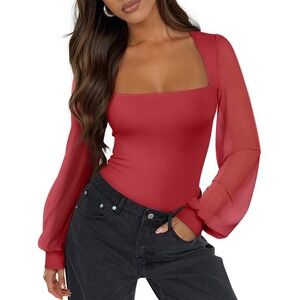 PINKMSTYLE Women's Square Neck‎ Double Lined Mesh Long Sleeve Bodysuit